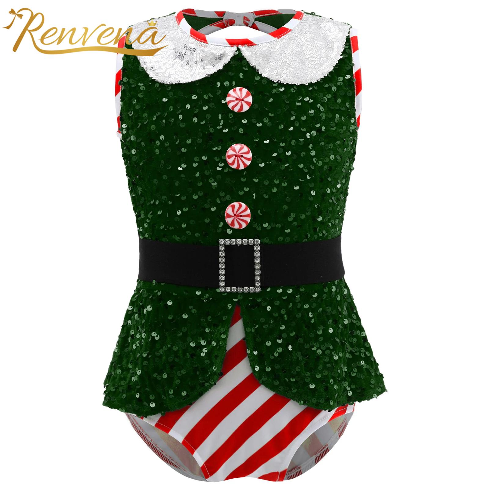 Elf Costume Christmas - ชุดจั๊มสูทเด็กผู้หญิงประดับเลื่อมวิบวับ แขนกุด ชุดบอดี้สูท ชุดเอลฟ์คริสต์มาส ชุดบอดี้สูทจั๊มสูท ชุดเต้นรำเด็ก