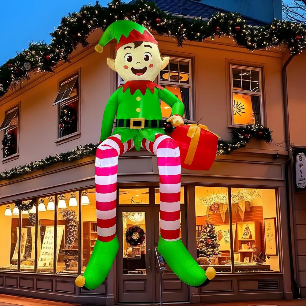 Christmas Lights Outdoor - 8FT คริสต์มาสเป่าลมนั่งเอลฟ์ตกแต่งไฟ LED เด็กคริสต์มาสของเล่นพองกลางแจ้งคอร์ทยาร์ดตกแต่งสวนของขวัญ