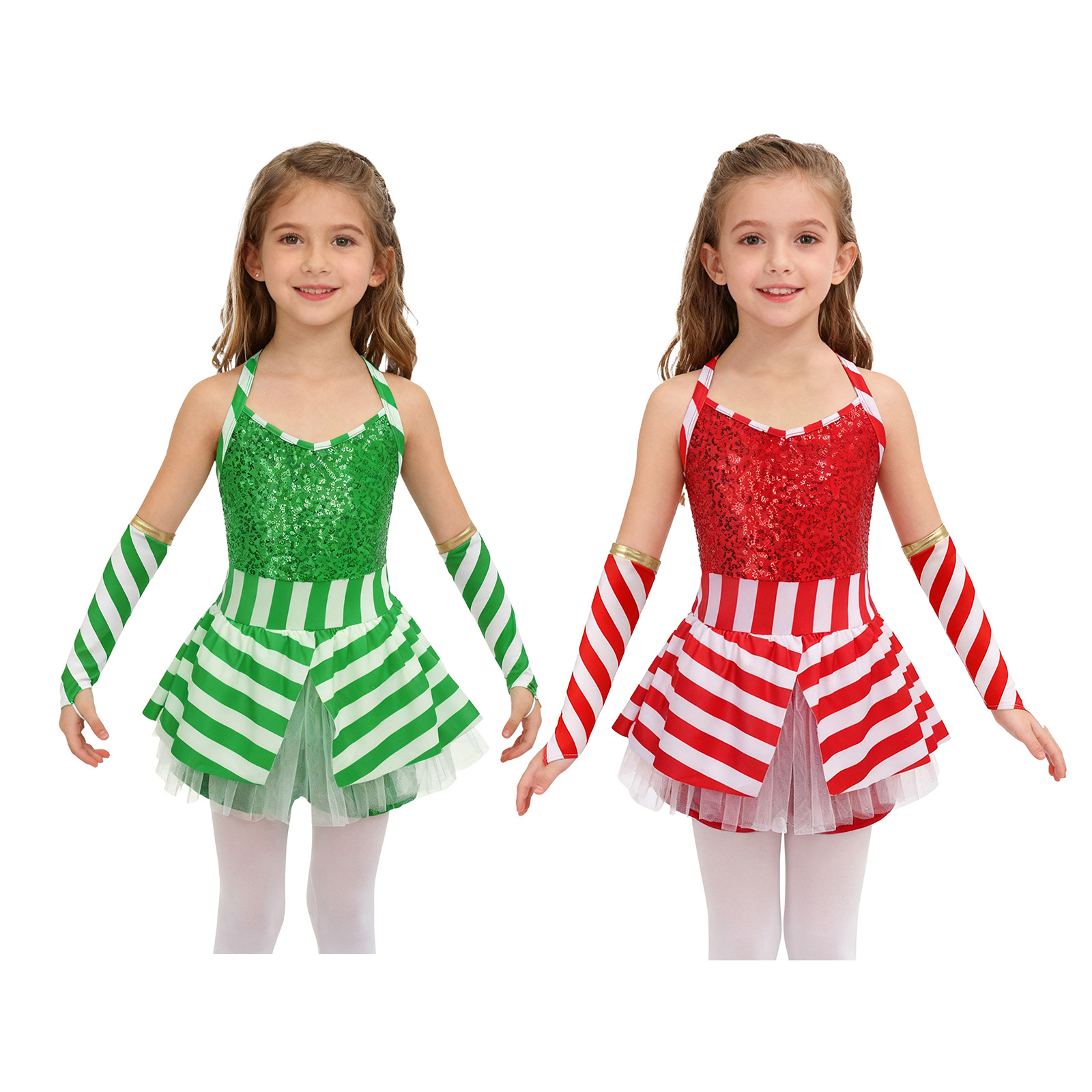 Elf Costume Christmas - ชุดเต้นรำคริสต์มาสสำหรับเด็กผู้หญิง ลายลูกกวาด ซานต้า เอลฟ์ แบบไม่มีแขน ประดับเลื่อม